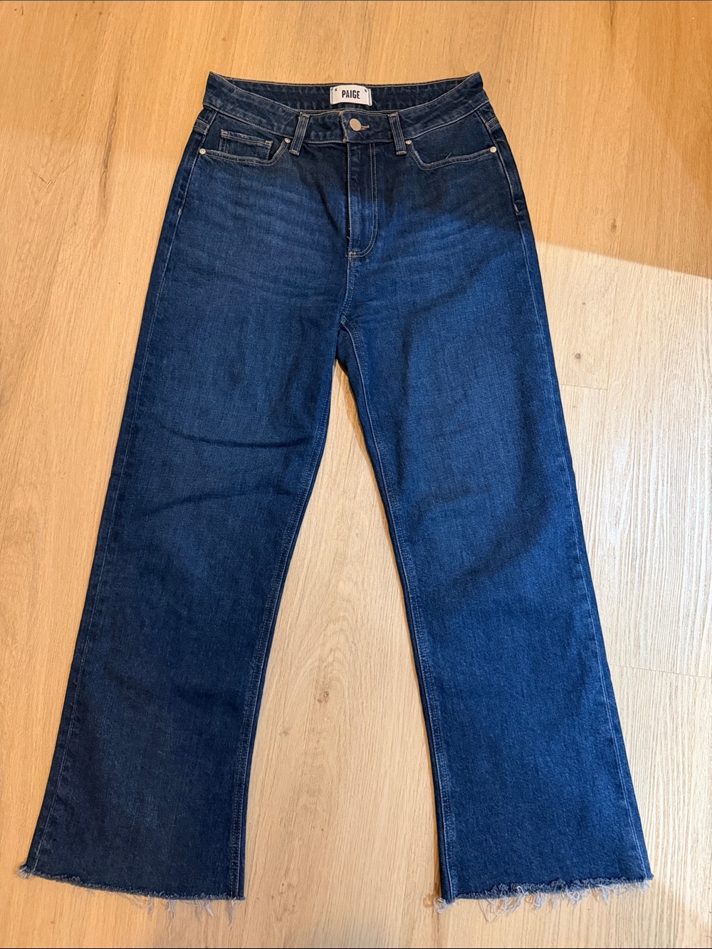 PAIGE Leenah Ankle Dark Blue Wide Leg Raw-Hem Jeans